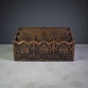 Vintage Lerner Faux Carved Wood Mail Letter Organizer Desk Caddy Rustic MCM